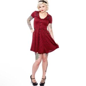 Sourpuss Gunslinger Red & Black Plaid Pin Up Goth Western Fit & Flare Dress XL